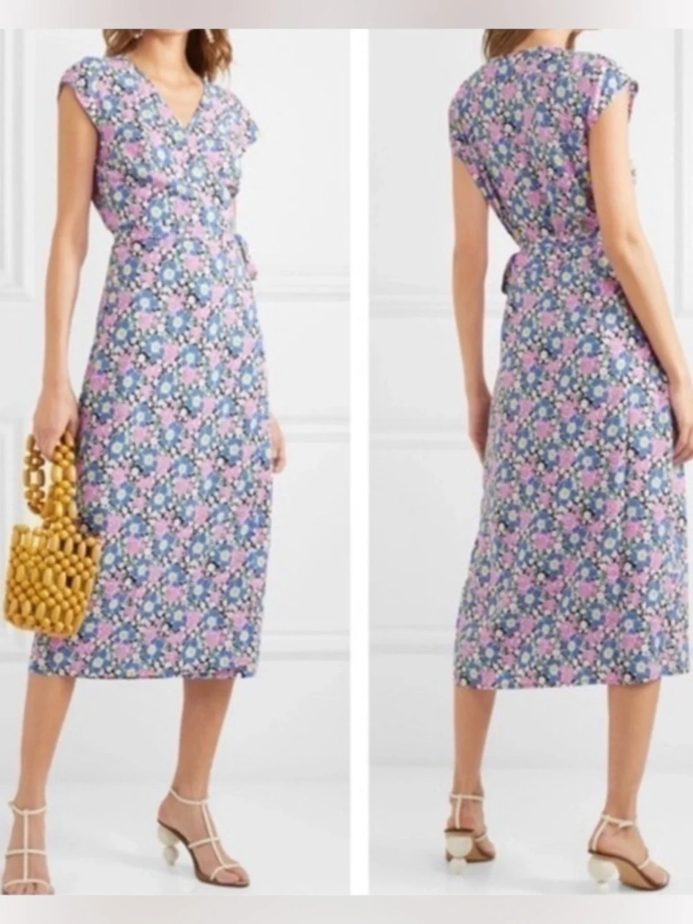 J. Crew Fabrizia Blue Pink Jersey Midi Ditsy Floral Wrap Retro Midi Dress